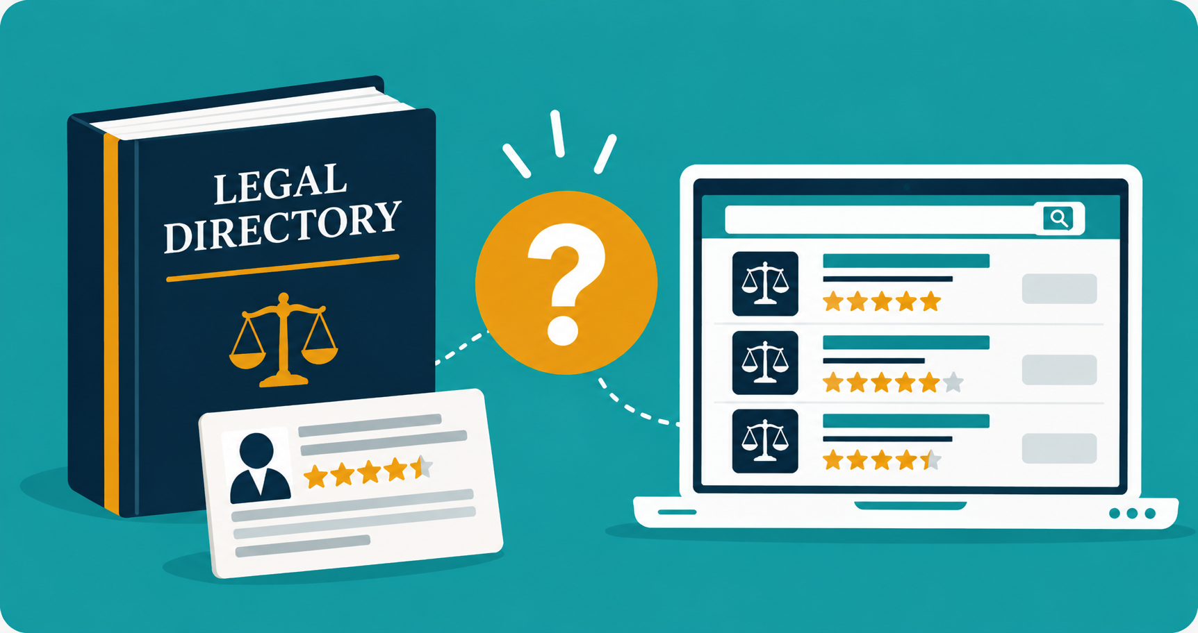 Illustration comparing a printed paid lawyer directories with online paid lawyer directories.
